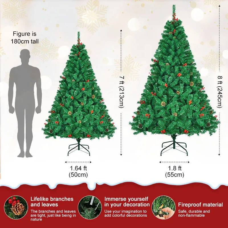 Árbol de Navidad artificial clásico de pino de 2,13 m/2,44 m, con bisagras de metal y 1000 ramas de PVC. Decoración para el hogar.